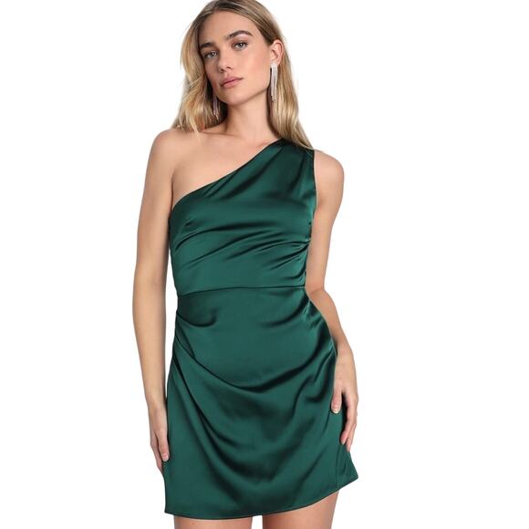 Lulus Emerald Green Satin One-Shoulder Cocktail Mini Dress XL NWOT - Picture 1 of 8